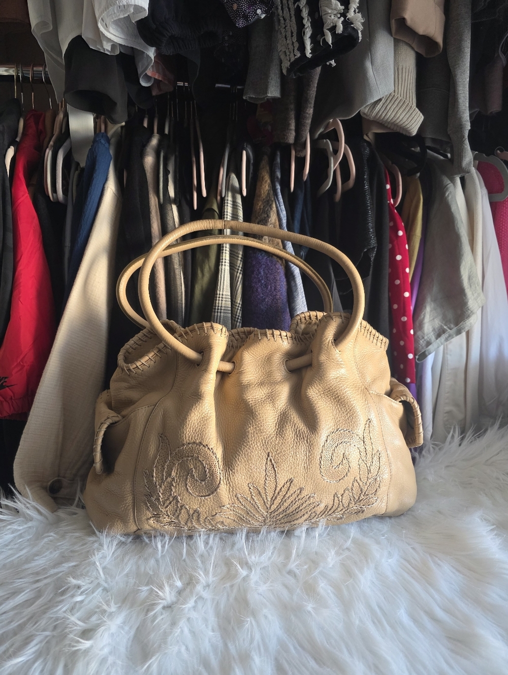 Tan Leather Embroidered Drawstring Satchel
